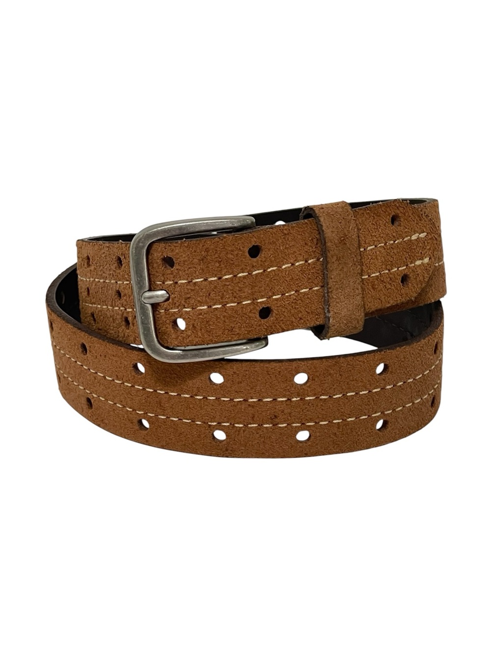 Brown Suede Leather Belt Perforated Contrast Stitching Gun Metal Buckle Men 27